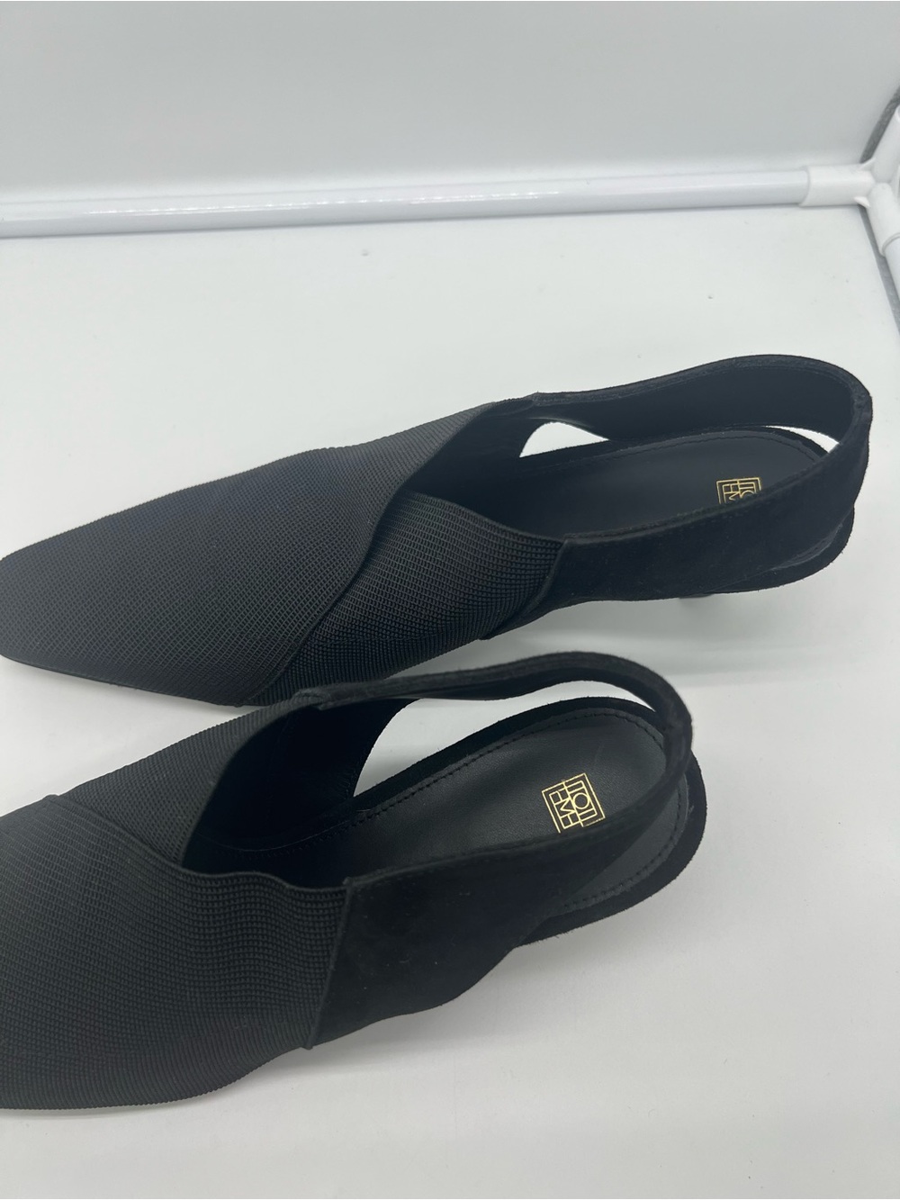 NWT TOTEME The Mid-Heel Black Elastic Suede Trim Square Toe Slingback Pumps 37 - Picture 13 of 17